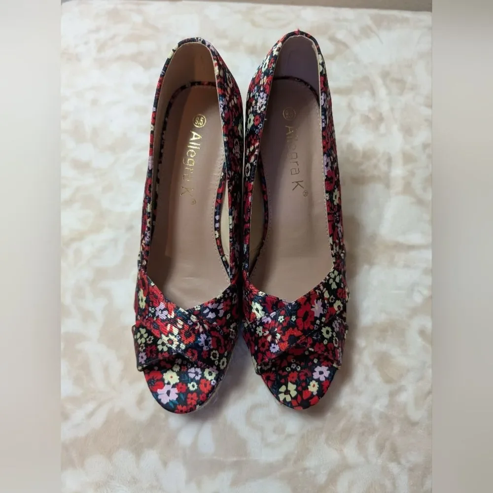 Allegra K Women's Peep Toe Platform Floral Espadrille Wedge Sandals Size 9